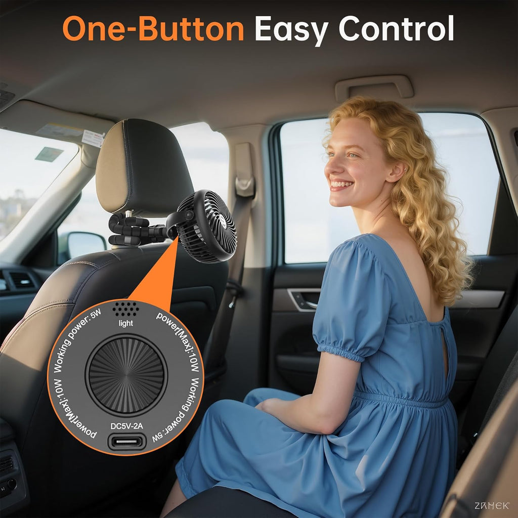 Rechargeable Car Fan for Backseat Kids Baby, 3-Speed Quiet with 5000mAh Battery, 360° Rotatable Rear Seat Passenger Cooling Fan, Cordless Portable Clip on Fans for Vehicle SUV Sedan RV