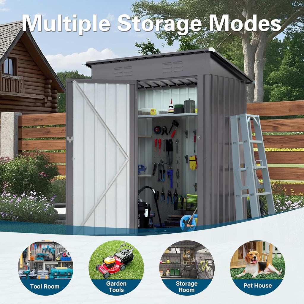 IKERY 5X3 FT Metal Outdoor Storage Shed, Tool Shed with Pitched Roof and Lockable Door Compact Metal Tool Shed for Garden, Backyard, Patio, Everyday Sundries and Bike Storage, Gray