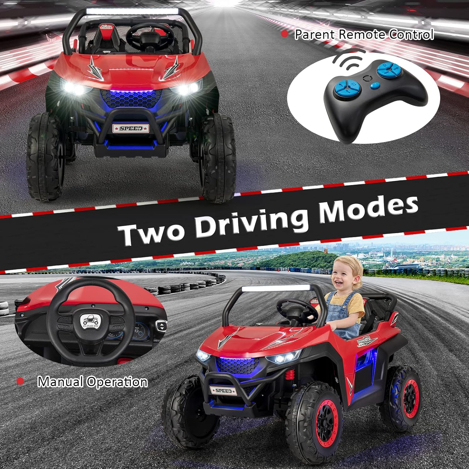 Costzon 2-Seater Ride on Car for Kids, 12V Kids' Electric Vehicles w/Remote Control, 4 Shock Absorbers, Wireless Music & FM, 3 Speeds, Ambiance Lights, Electric Car UTV for Boys Girls (Red)