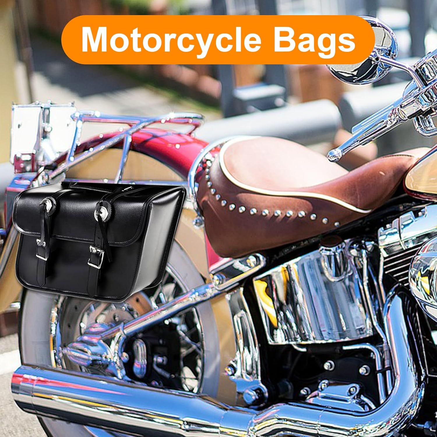 GARGOYLE BELLS Motorcycle Saddle Bags Leather Motorcycle Luggage Bag with Gun Holsters For Softails Sportsters and Choppers Tool Bags (Black Leather, 14" x 8" x 11")