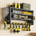 Tomorotec Wall-Mounted Power Tool Storage Rack for Drill, Toolbox & Accessories, Heavy-Duty Steel Organizer with Side Hooks and Adjustable Shelves, Easy Installation Garage & Workshop Storage (Black)