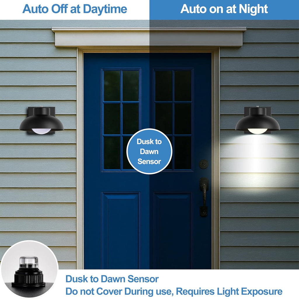 Black Exterior Light Fixtures, 2 Pack Dusk to Dawn LED Outdoor Wall Lights, 12W Integrated 3000K Farmhouse Barn Sconce, Waterproof LED Porch Lights Outdoor for Front Door, Garage, Entryway