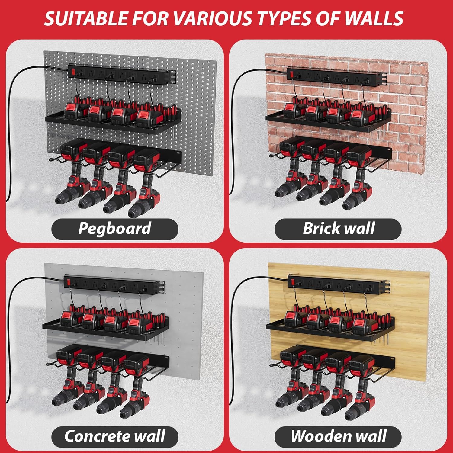 Power Tool Organizer With Charging Station, Wall Mount Drill Holder, Screwdriver and Battery Organizer, Heavy Duty Rack for Garage, Workshop, Tool Room, Workbench