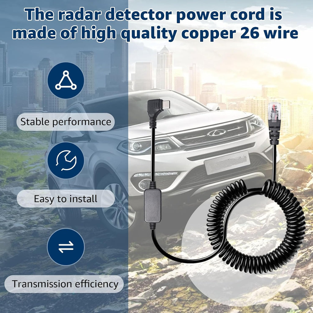 Radar Detector Colied Cord with USB-C to RJ11 Plug Cable 5V-12V Power Cable Compatible with Escort Uniden Radenso XP Beltronics Cobra Whistler 9.8FT Powered for 12V Radar Detectors