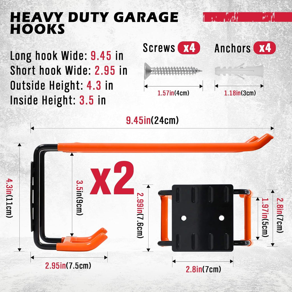 2-Piece 9.4" Heavy Duty Garage Hooks, Sturdy Utility Hooks Holds 55 LB Wall Mount Garden Tool Organizer Hangers for Hanging Shovel Ladder Chairs Strollers Power Tool Tire and More (Orange)