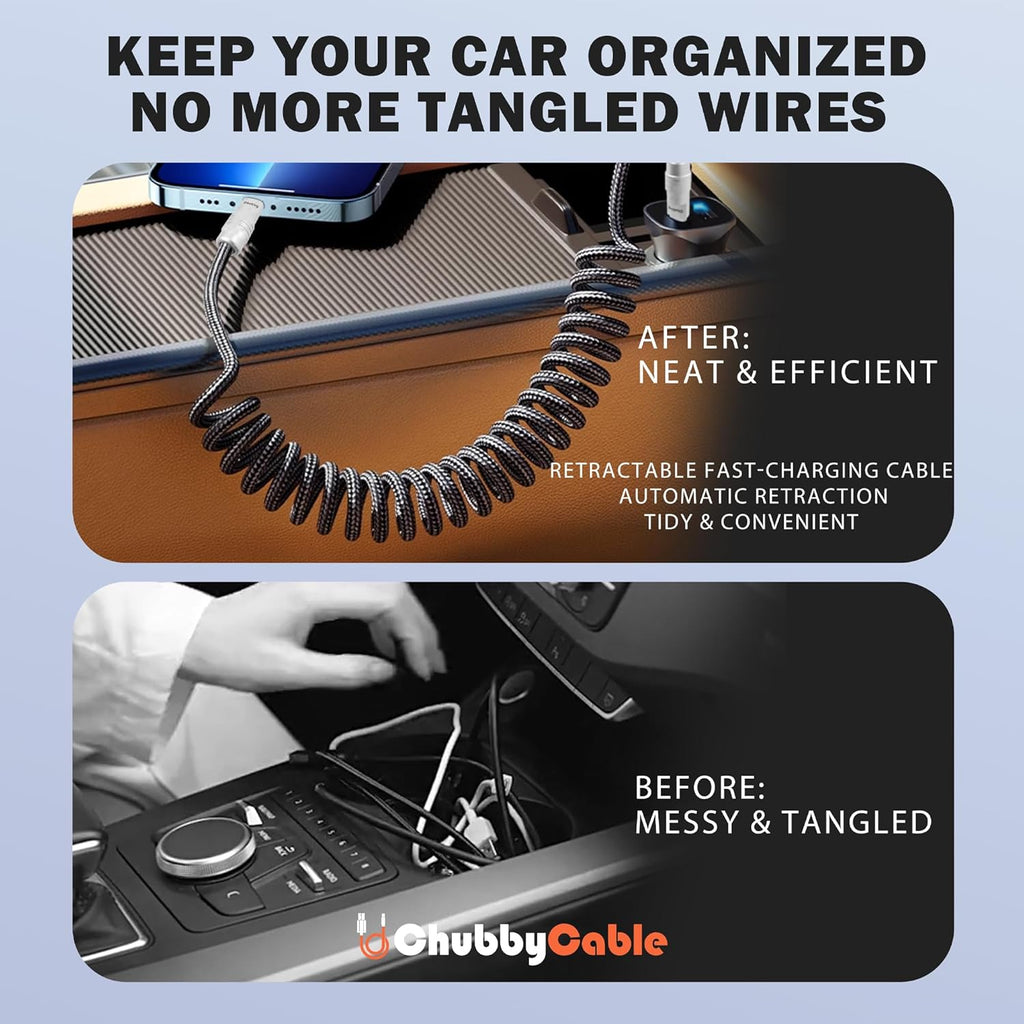 chubbycable Curly Chubby - Retractable Fast Charging Cable 240W Coiled Charger Cord for Car Durable USB-C Cable for Phones, Tablets and More, Orange, USB-A to Type-C, 1.3FT-2.3FT