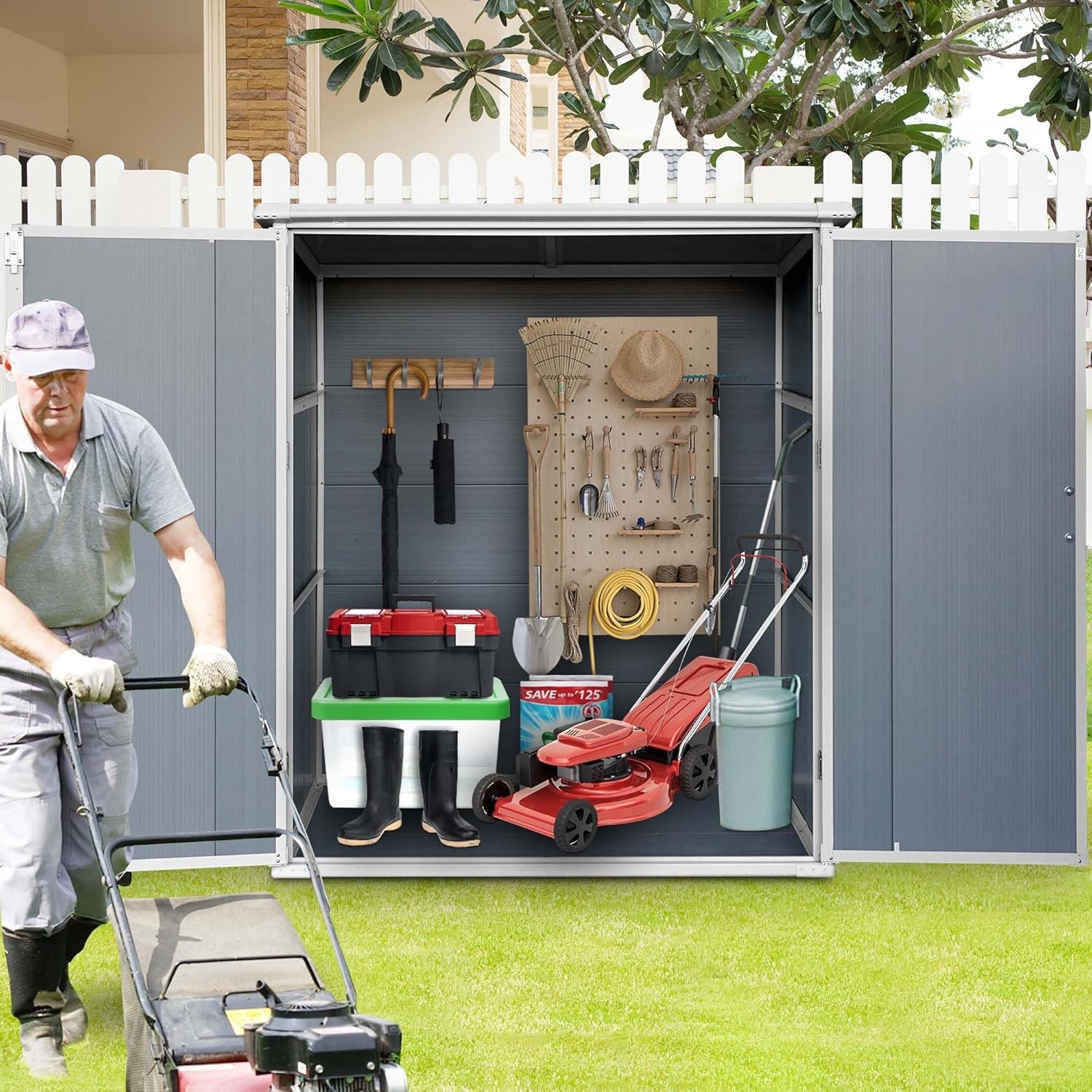 5 X 3 Ft Outdoor Storage Shed with Floor, Weatherproofing Garden Tool Shed with Lockable and Sloping Roof Design, Outdoor Resin Shed Cabinet for Backyard Patio and Garden (White+Gray)