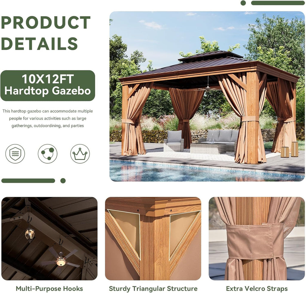 Aoxun 10' x 12' Hardtop Gazebo, Wooden Finish Coated Aluminum Frame Canopy, Galvanized Steel Double Top, Outdoor Permanent Metal Pavilion with Curtains and Netting, for Backyard, Patio and Deck