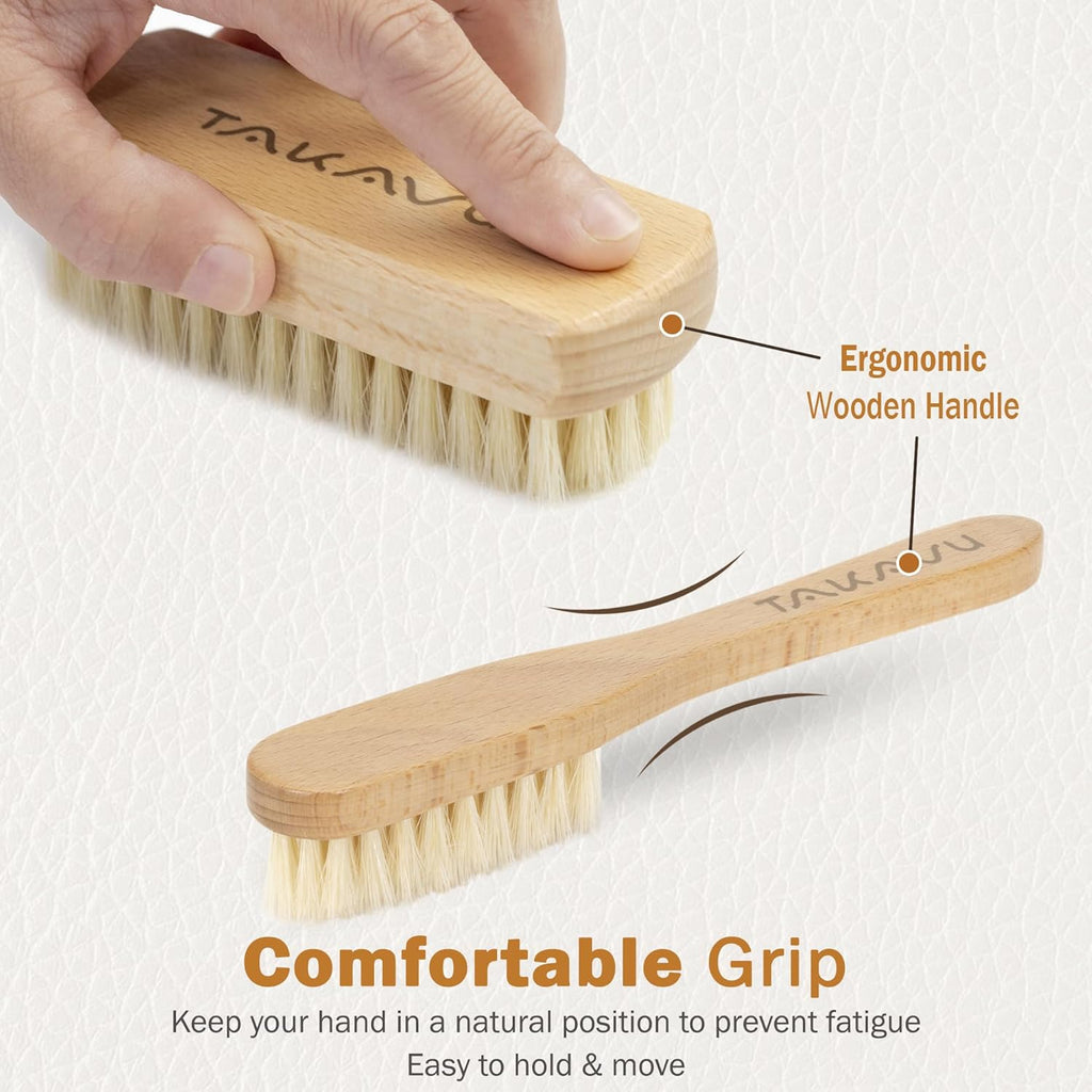 TAKAVU Leather & Upholstery Cleaning Brush Set, Pure White Boar Hair Bristle, to Clean Car Seats, Leather Sofas, for Alcantara, Interiors, Furniture, Boots, Shoes, Bags and More