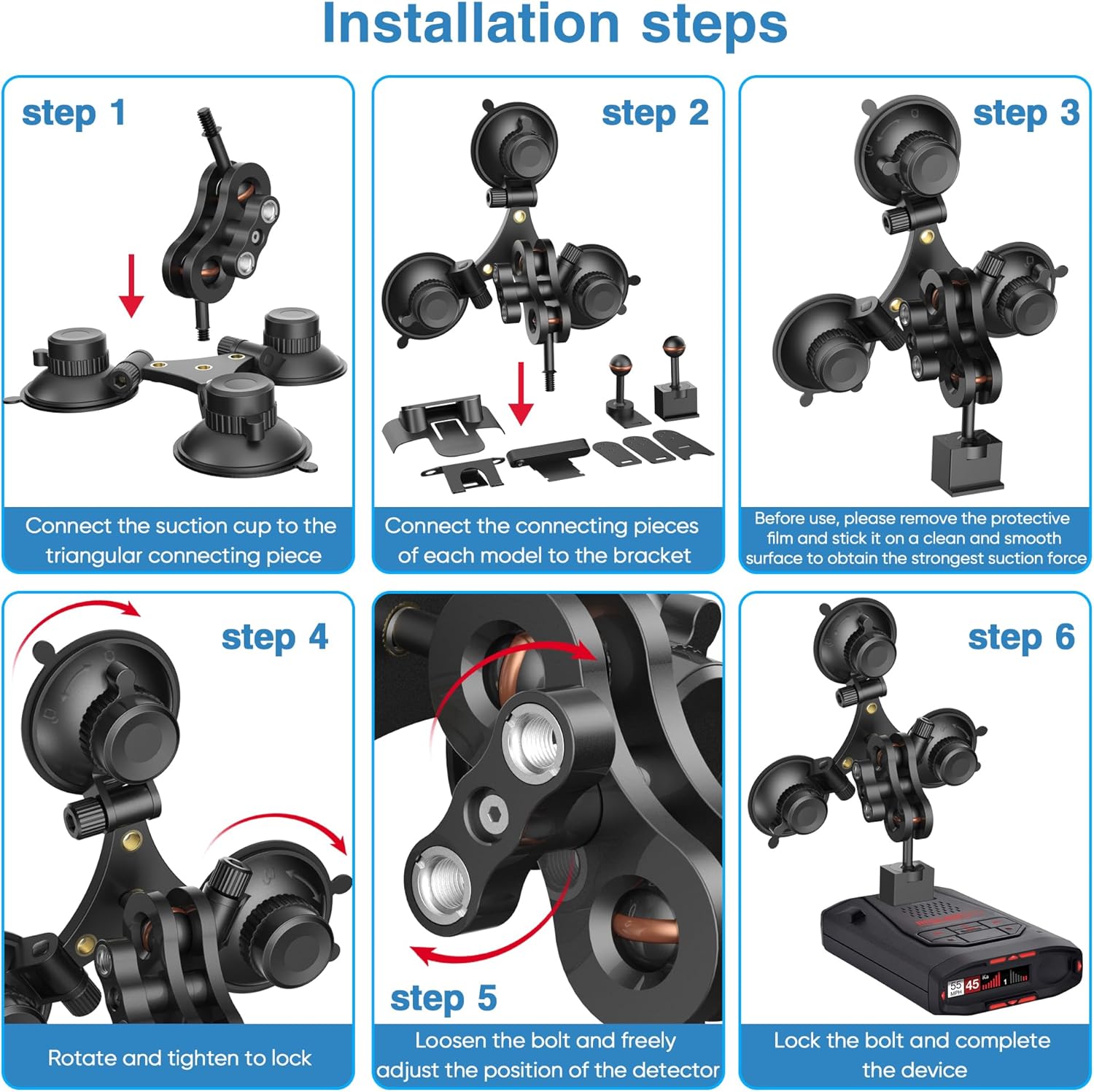 Radar Detector Mount, Triangular Suction Cup Mount,Windshield Radar Detector Suction Cup Bracket (for Models with EZ Magnet Connection)