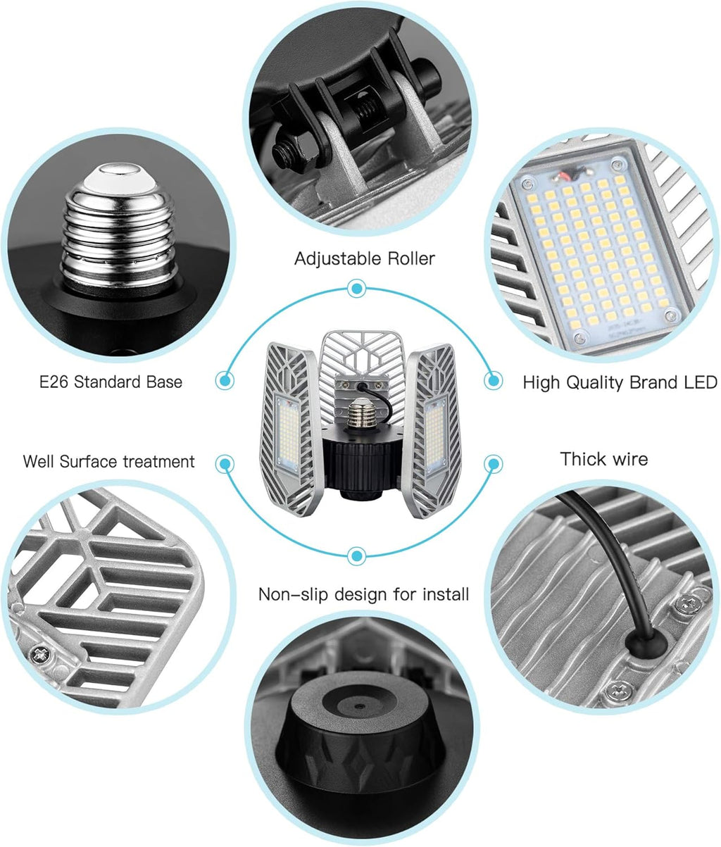 LED Garage Lights, Deformable LED Garage Ceiling Lights 9000 Lumens, 82W CRI 80 Led Shop Lights for Garage, Adjustable Garage Lights, Led Garage Lighting (No Motion Activated) (1-Pack)
