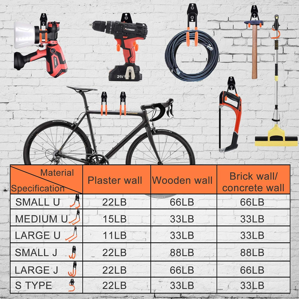 AOBEN Garage Hooks Heavy Duty, Steel Garage Storage Hooks, Utility Tool Hangers and Combinable Wall Mount for Organizing Ladders, Bikes, Hoses, and More Equipment (Large J, 6 Pack)