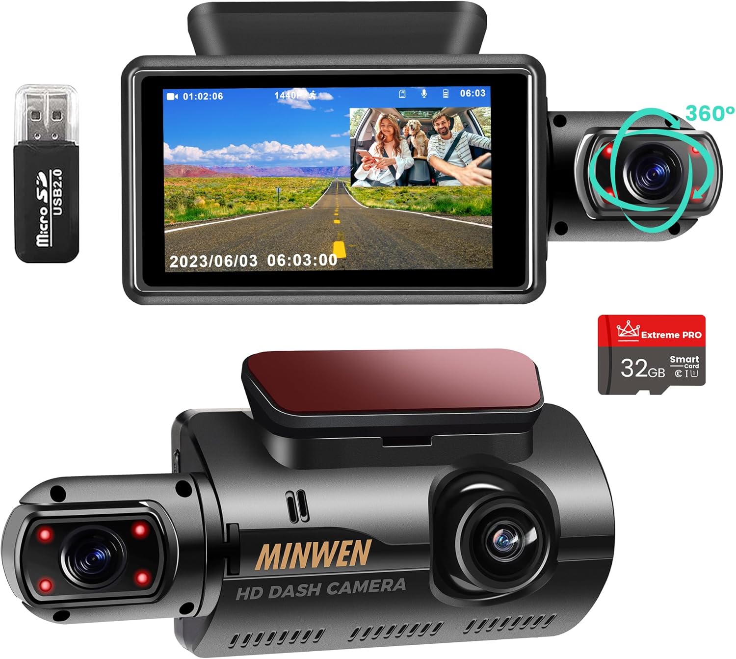 Dual Dash Camera for Cars, Dash Cam Front and Inside, 1440P Dashcam Front + 720P Inside Car Camera, 3'' Car Monitor with 32G SD Card, Night Vision G-Sensor Loop Recording Essential Car Accessories