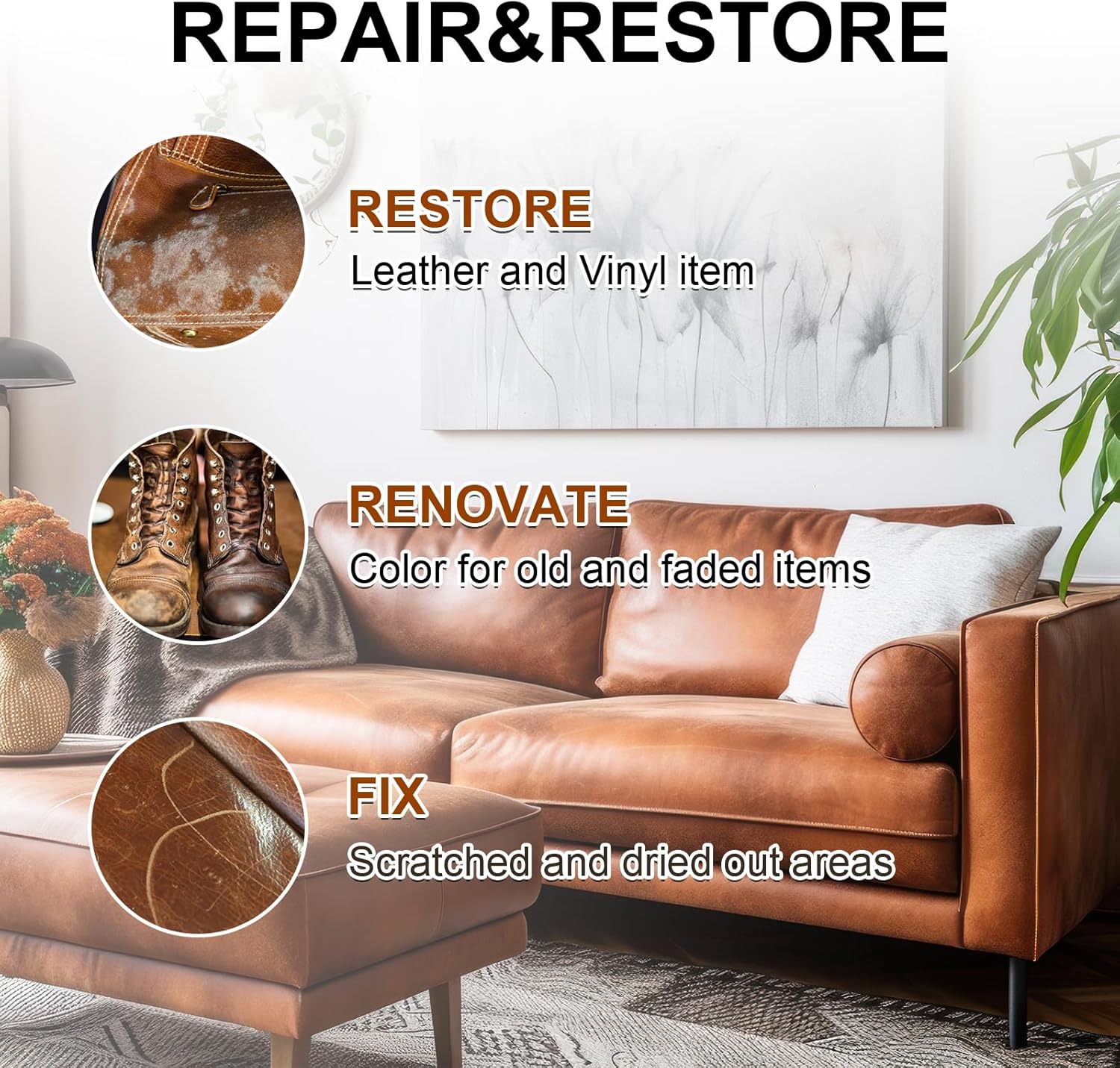 Leather Recoloring Balm Set,Leather Cleaner Restore Conditioner Mink Oil for Leather Repair Kit for Furniture Couches -Revives Repairs Scratches Leather Dye Furniture Polish (Black)