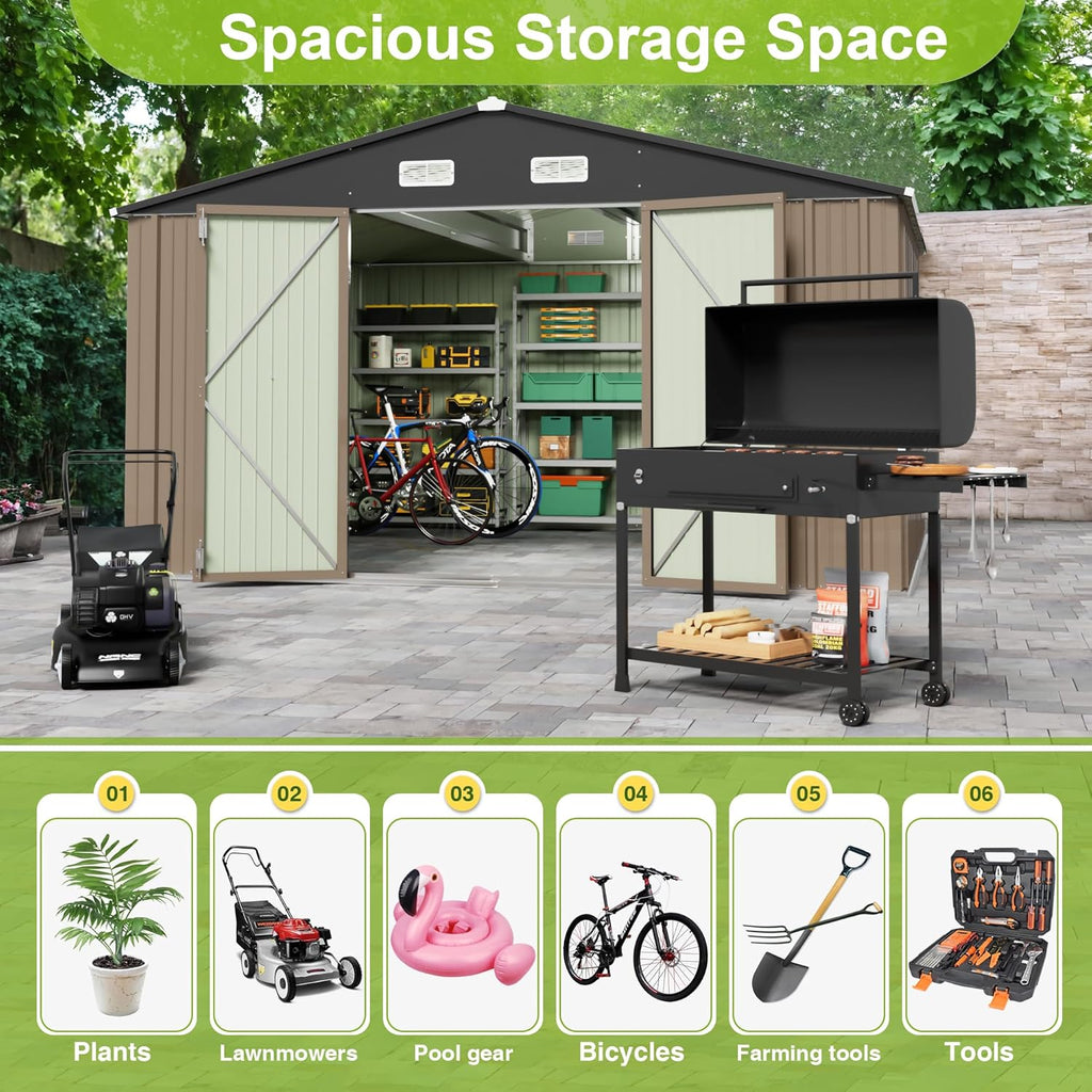 JUMMICO 8 x 10 FT Outdoor Storage Shed, Large Metal Garden Shed & Tool Sheds for Backyard Garden Patio Lawn (Brown)