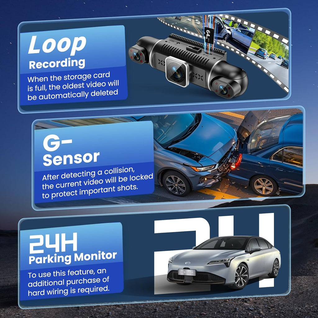 360°View 4 Channel Dash Cam, 2K+1080P Front and Rear Inside Left Right, Wireless Dash Camera for Cars, Built-in G-Sensor, IR Night Vision, 24H Parking Mode, 64GB SD Card, Loop Recording, APP Control
