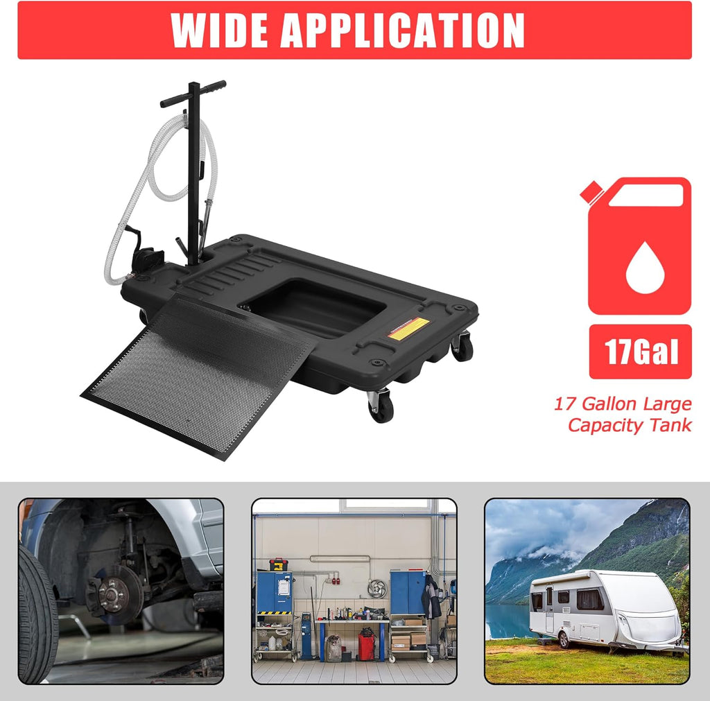 ‌17 Gal Low Profile Oil Drain Pan, Heavy Duty Mobile Oil Changing Pan with Hand Pump, 8 Ft Hose & Quick Drain Valve, Leak-Proof Design for Truck Car Motorcycle, Garage Workshop Use