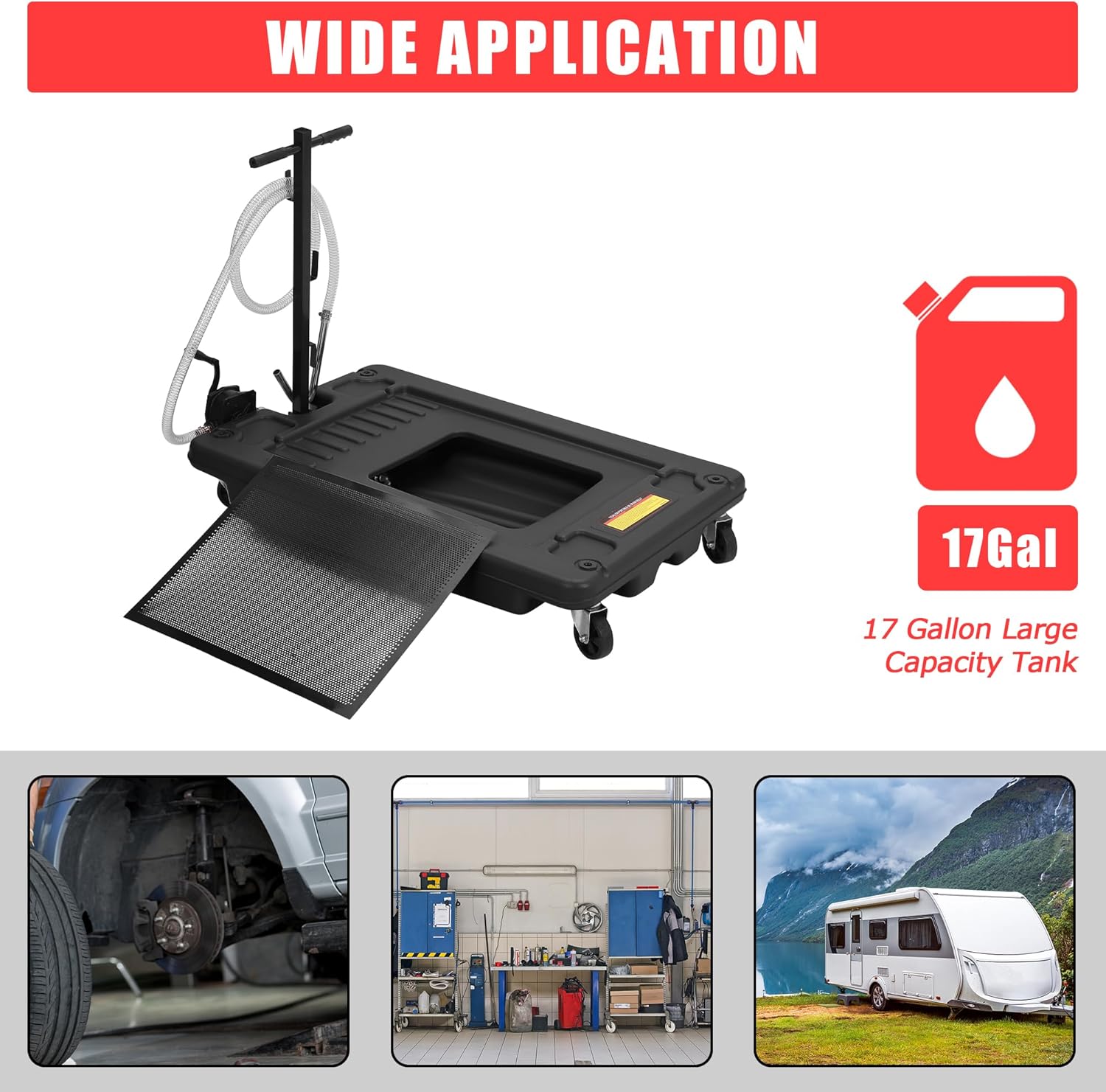 ‌17 Gal Low Profile Oil Drain Pan, Heavy Duty Mobile Oil Changing Pan with Hand Pump, 8 Ft Hose & Quick Drain Valve, Leak-Proof Design for Truck Car Motorcycle, Garage Workshop Use