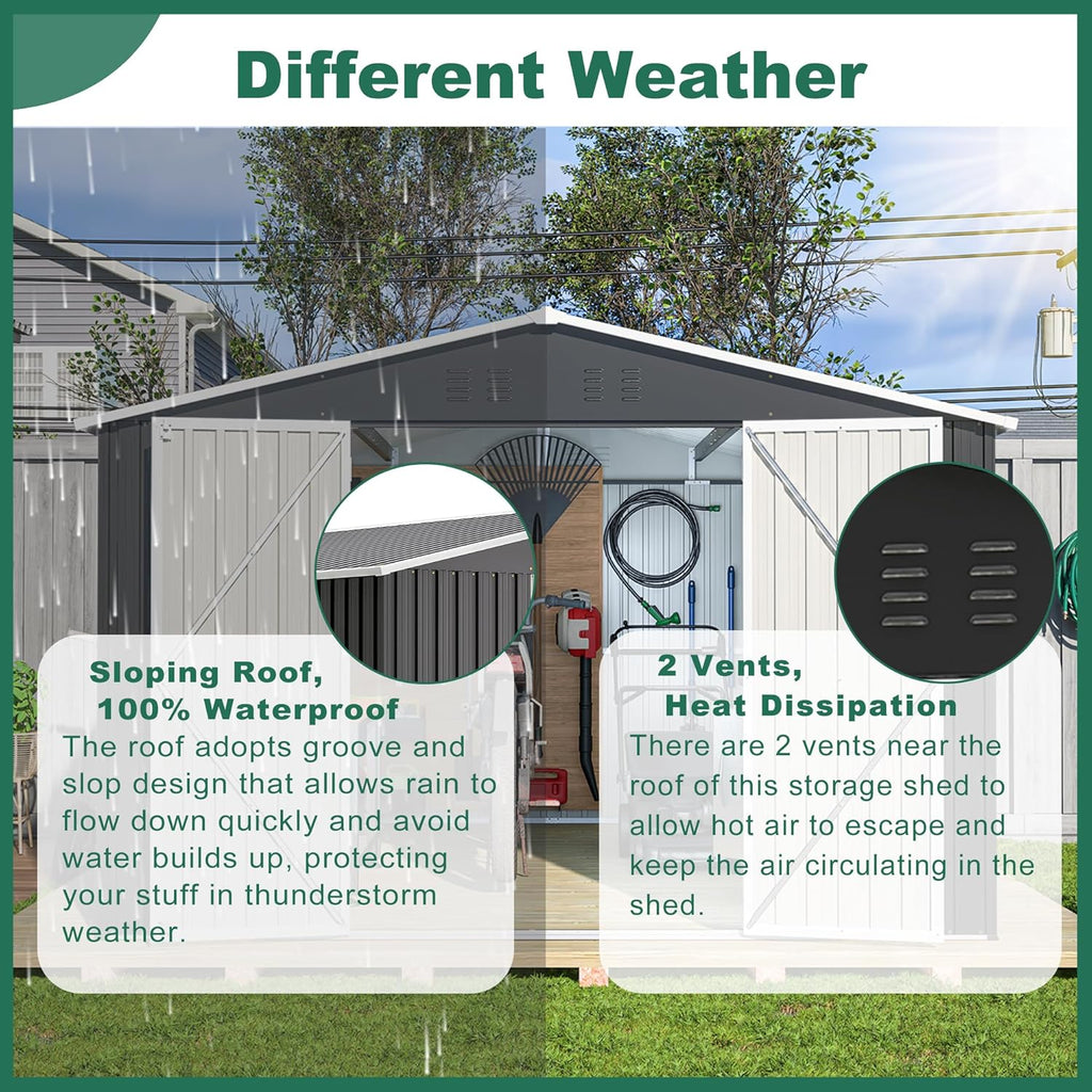 Outdoor Storage Shed 10x12 FT, Utility Metal Tool Storage with Lockable Doors and Updated Frame Structure, Large Metal Garden Shed for Backyard, Patio Lawn, Black