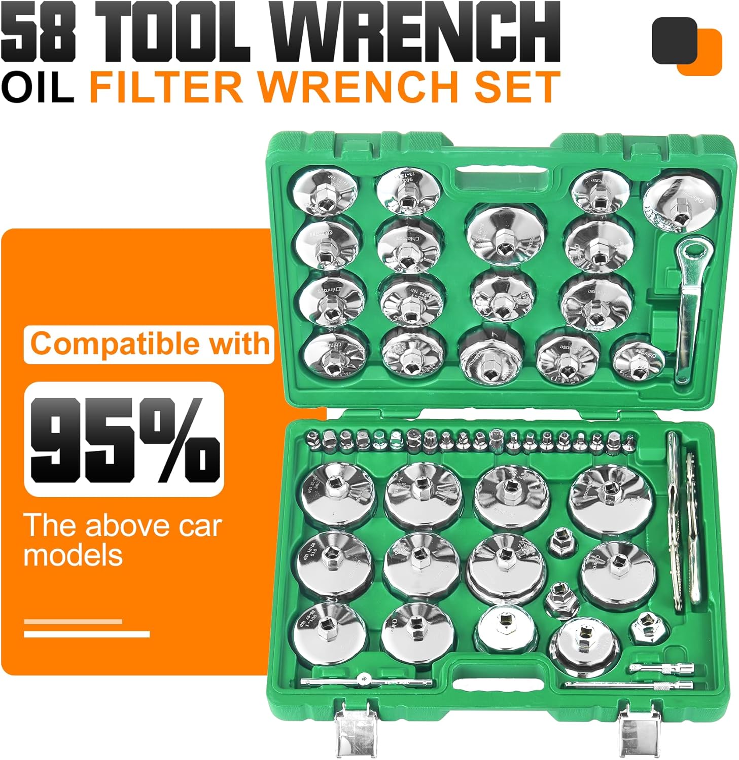 Auto Oil Filter Socket Wrench Set, Cup Type 1/2 inch Drive Cap Removal Tool, with Drain Plug Socket Set/Adjustable/Drive, Compatible, all Models Car, SUV, Oil Filter (58, GREEN)
