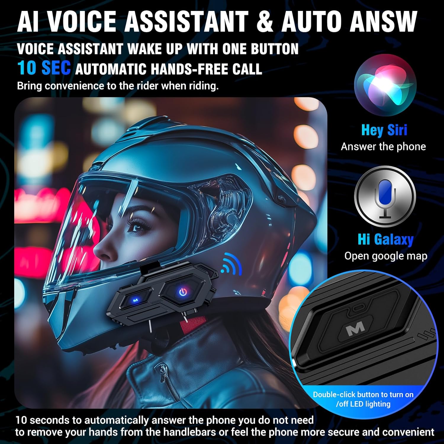 Motorcycle Bluetooth Headset, C8 Helmet Bluetooth Headset with 2 Type Mics, Hands-Free Call/Music/IPX6/Noise Cancellation/Wake Up Siri/Can Connect Two Mobile Phones, Motorcycle Helmet Speakers