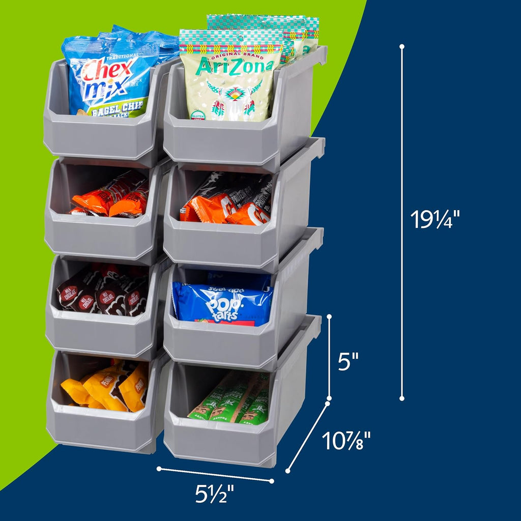 Plastic Containers for Organizing and Storage Bins for Closet, Kitchen, Office, Garage or Pantry Organization, Stackable Bins, Medium (11" x 5" x 5.5"), 8-Pack, Grey