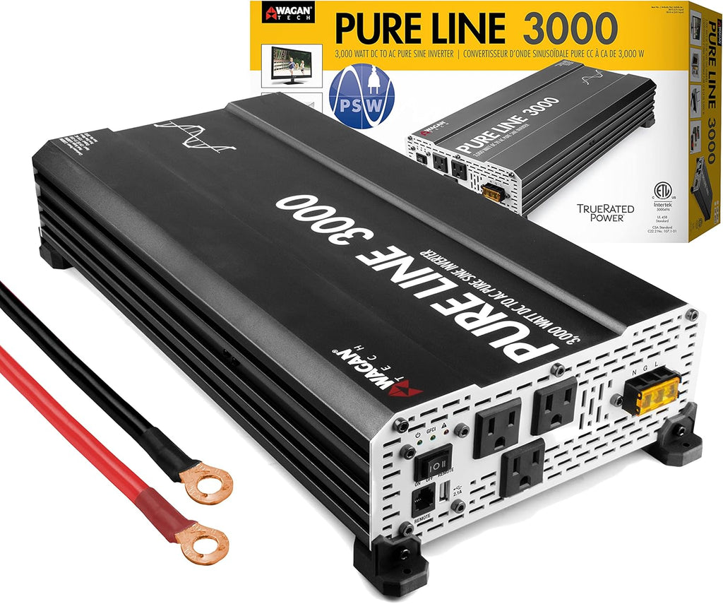 Wagan EL3810 Pure Line 3000 watt Power Inverter 6000 Watt Peak Surge Power DC 12V to 110V AC Car Inverter ETL Certified