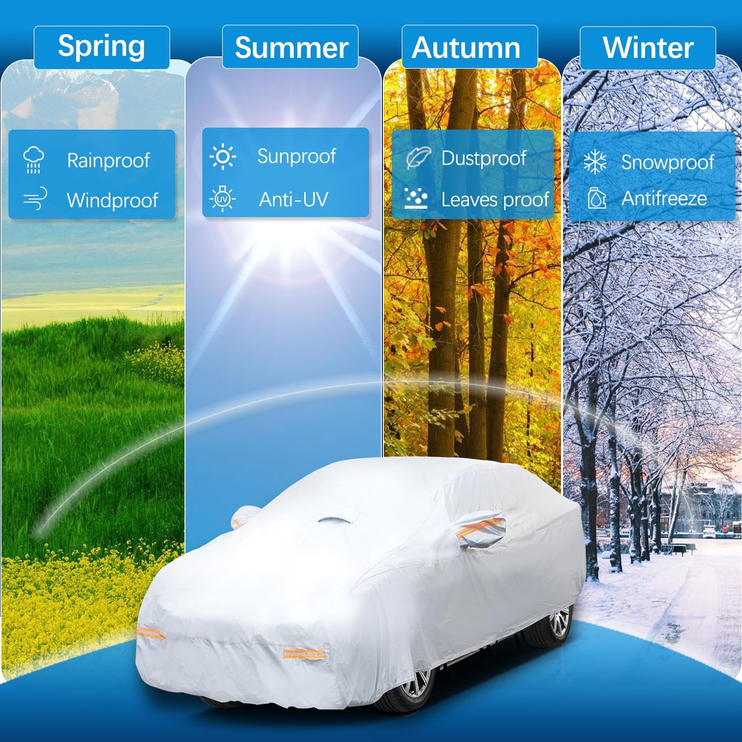30 Layers Heavy Duty SUV Car Cover for Automobiles All Weather Waterproof, Outdoor Snowproof UV Protection Windproof, Door Zipper, Soft Cotton Universal Car Covers (Silver, Fit SUV 171"-180")