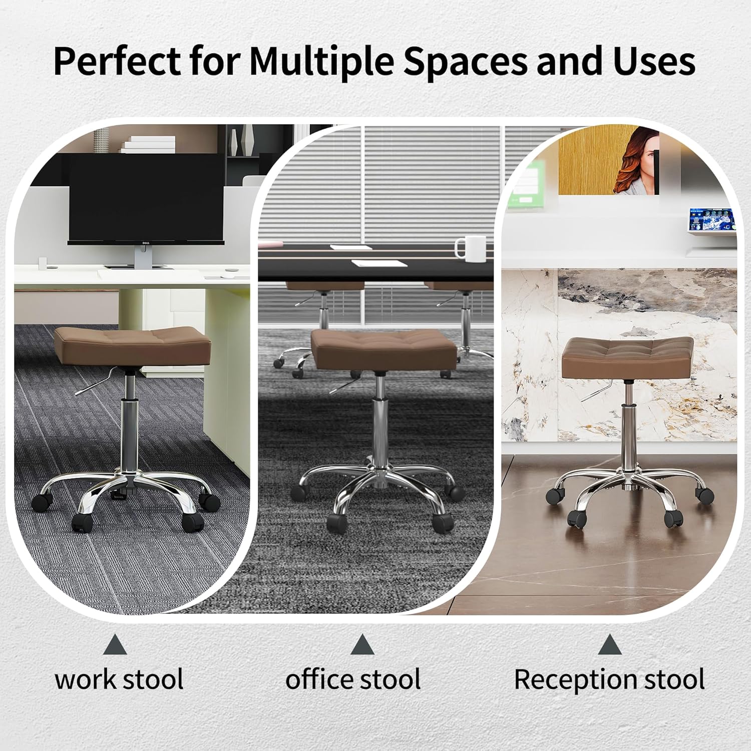 Ergonomic Desk Stool with Wheels (Adjustable Height 17"-21") (300lbs Capacity) Faux Leather Office Stool (Coffee Brown)