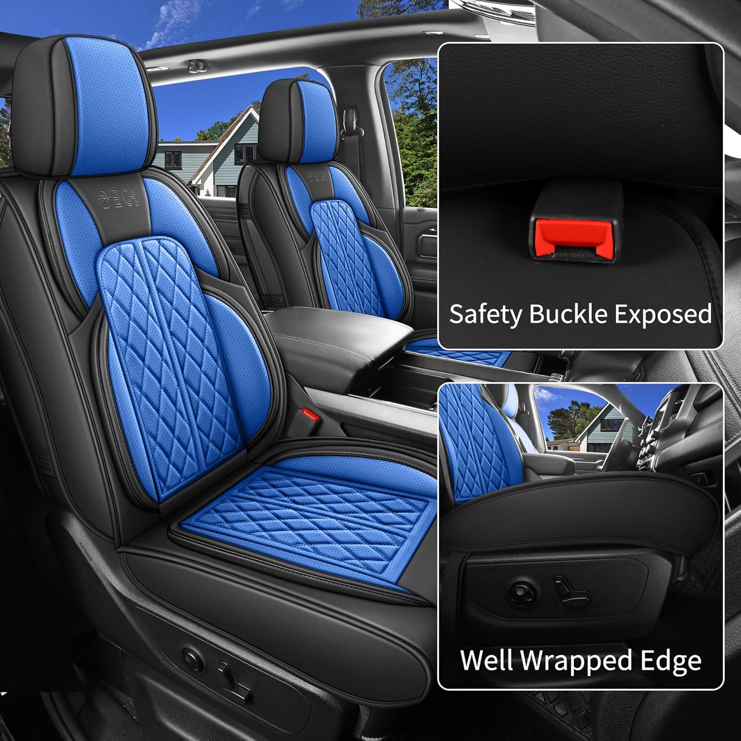 Car Seat Cover Custom Fit for Dodge Ram 1500 2500 3500 2002-2024 Faux Leather Seat Cover Set Compatible with Crew Quad Regular Cab Pickup Truck Cushions (Black & Blue, Front Seat)