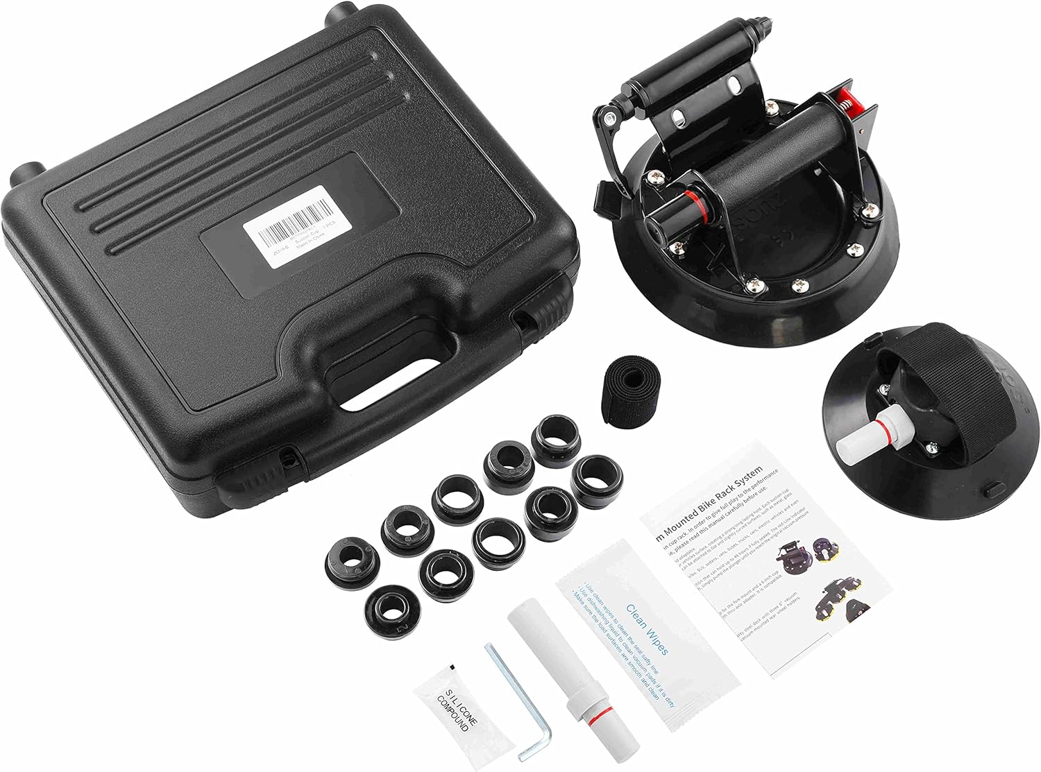 Bike Rack for Car Roof, Vacuum Suction Cup Bicycle Carrier Aluminium Alloy Roof Rack, with 5 Adapters for Most Bikes, 9x100mm/12x100mm/15x100mm/15x110mm/20x100mm/20x110mm (10" Suction Cup)