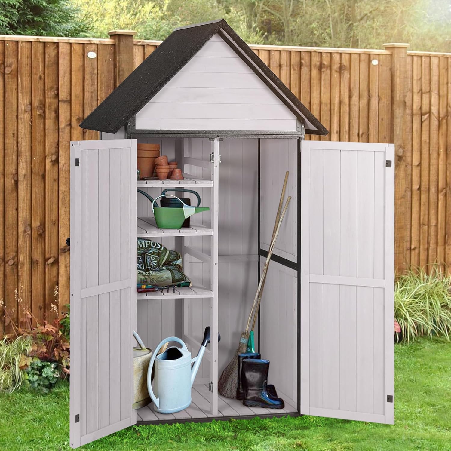 Outdoor Storage Shed,Vertical Wooden Tool Shed with Waterproof Roof,Adjustable 3 Tiers Shelves,Storage Tool Cabinet Box with Metal Frame Sloped Roof for Backyard Garden Patio Lawn (Off White)