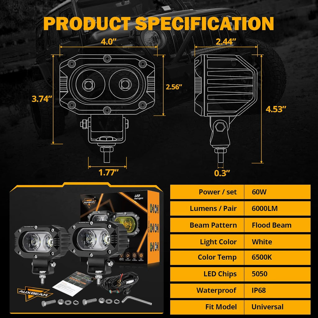 Auxbeam 4 Inch LED Light Pods, 60W Square Offroad Driving Light Super Bright 120° White Broad Flood Beam Pods Light with Off Road Wiring Harness for Wrangler Truck Pickup SUV ATV UTV (2 Pcs)