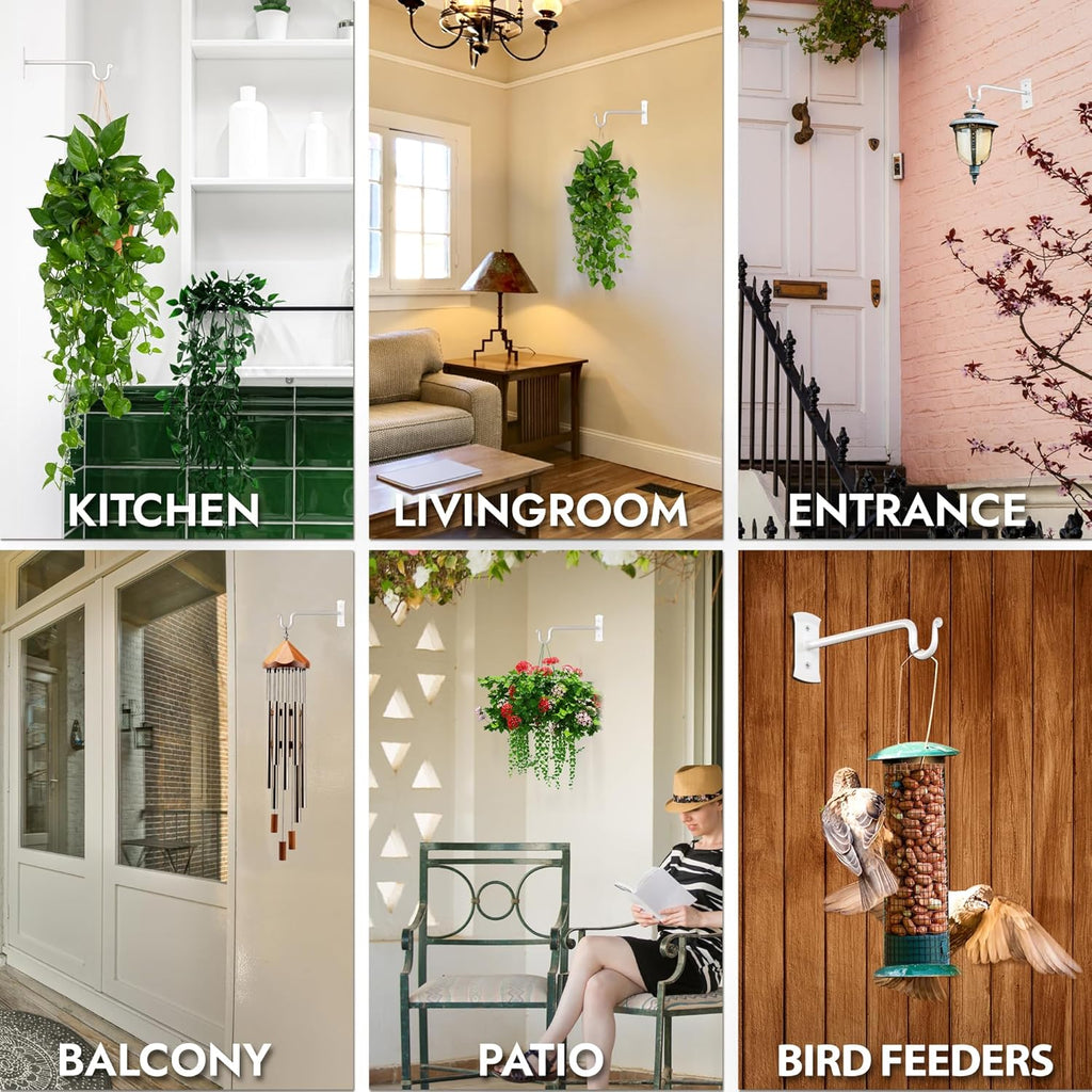 RTZEN Plant Hangers Outdoor or Indoor - Wrought Iron Metal Hanger Indoor Hook - Heavy Duty Wall Bracket Hooks for Hanging Plants Baskets Lanterns Wind Chimes - 2 Pack (White Shepherds Hooks)