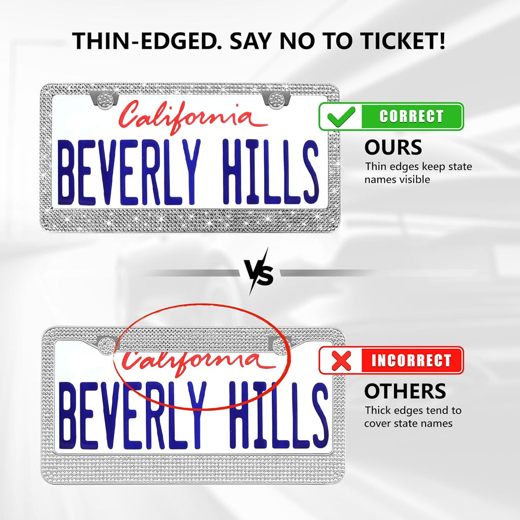 2 Pack Silver Bling License Plate Frames for Women - Stainless Steel with Diamond Sparkly Rhinestone License Plate Holder - Perfect Birthday for Auto Lovers
