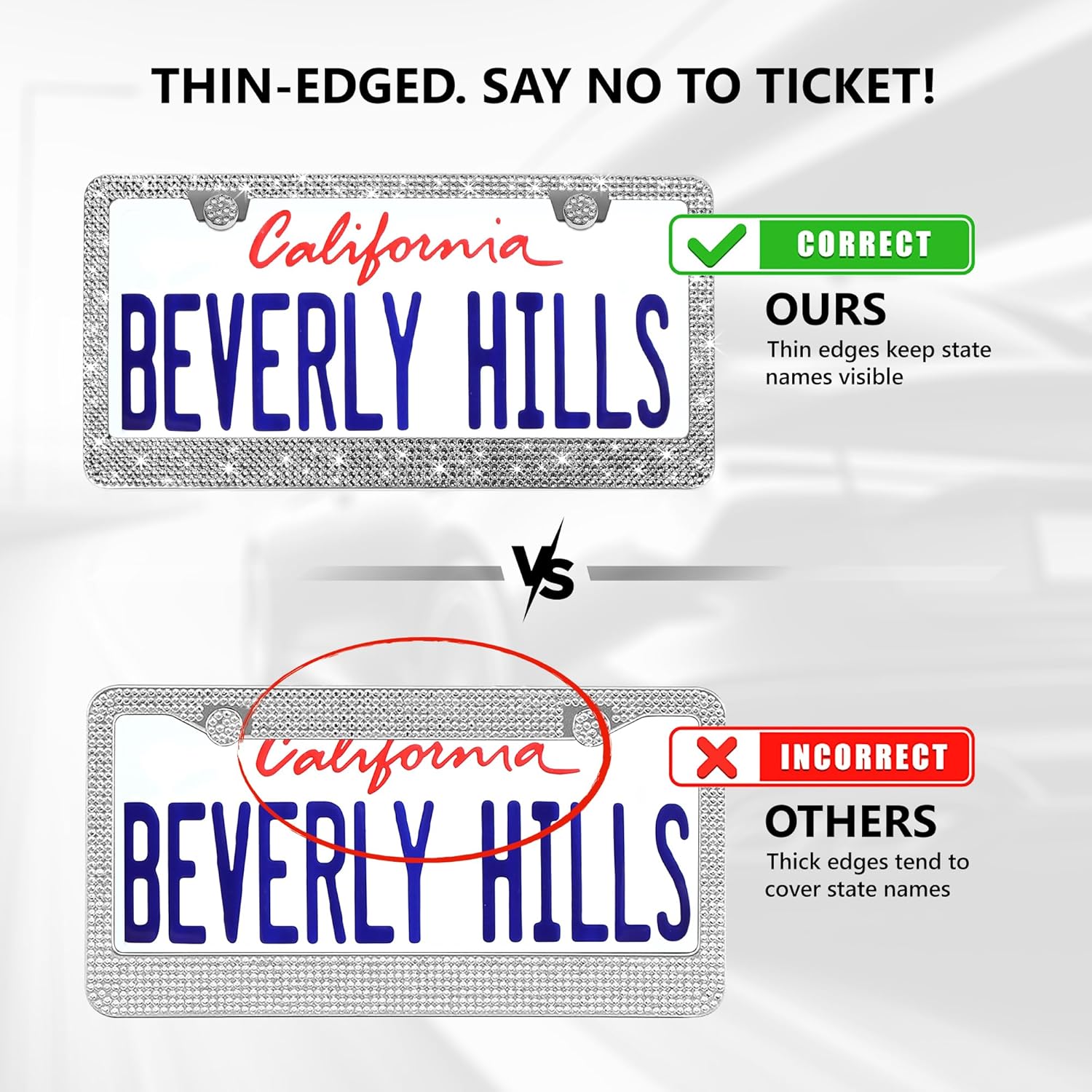 2 Pack Silver Bling License Plate Frames for Women - Stainless Steel with Diamond Sparkly Rhinestone License Plate Holder - Perfect Birthday for Auto Lovers
