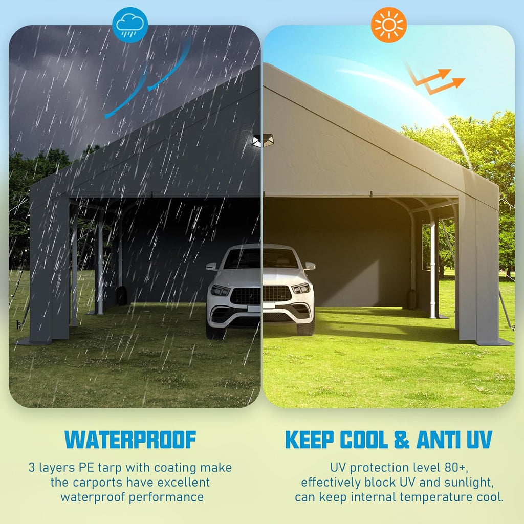 20x20 Carport, Heavy Duty Carport Canopy Garage with Removable Sidewalls and Drive Through Roll Up Zipper Doors & Side Doors, Grey