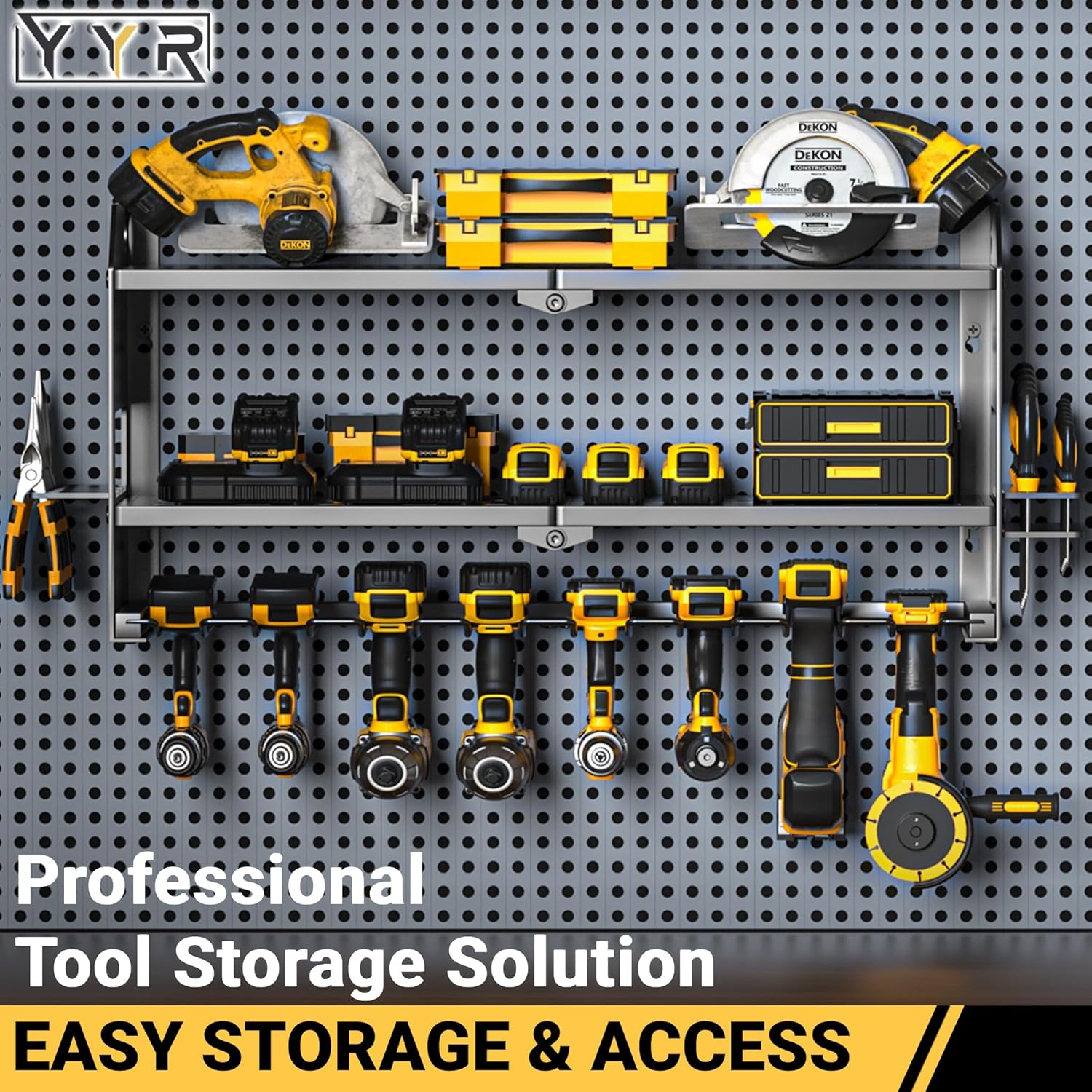 YYR Power Tool Organizer Wall Mount, Cordless Drill and Battery Holder, Electric Tools Hanger Storage Rack, Garage Organization Floating Shelf - Metal, Black