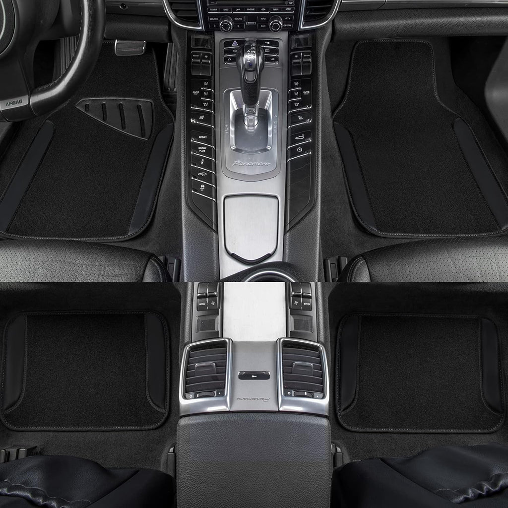 CAR PASS Waterproof Universal Fit Car Floor Mats, Faux Leather Car Carpet Mats, Black Car Mats with Anti-Slip Nibbs Backing & Driver Heel Pad Fit for SUV,Vans,sedans, Trucks,Set of 4pcs(All Black)