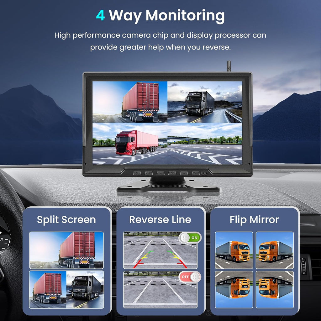 1080P Wireless Backup Camera Digital System Kit, Hodozzy 10.1 Inch HD 4 Quad Split Screen Reversing Monitor with Loop Record, Night Vision/IP68 Waterproof/Rear View Camera RV/Truck/Trailer/Bus/Camper