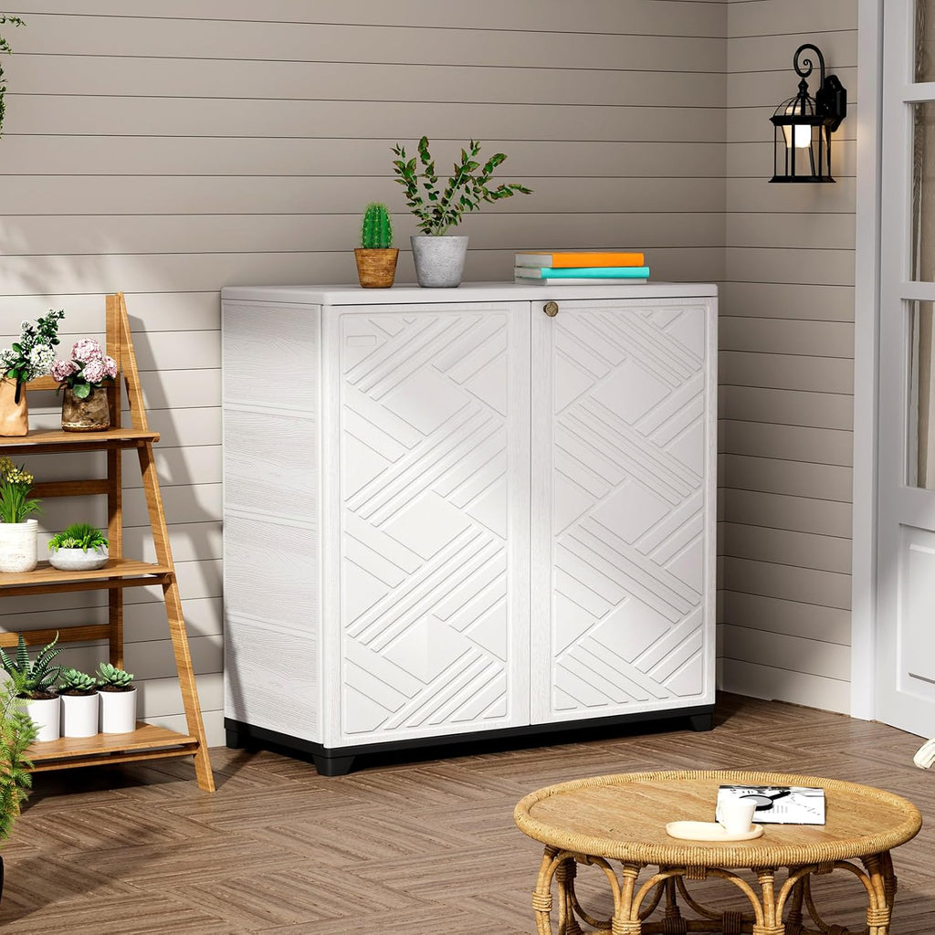 ZZM Indoor/Outdoor Storage Cabinet Waterproof, 34"x15"x34" Plastic Outdoor Storage Box for Garden Balcony Bathroom, All Weather Outdoor Storage Clearance, DIY Usage, with 1 Shelf (White)