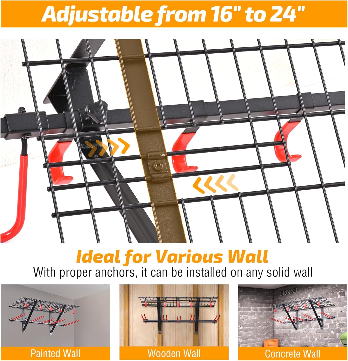 PLKOW Wall-Mounted Ski Rack, Skis Storage Rack for Garage Shed with Top Storage Shelf, Customizable Spacing, Supports Up to 280 lbs, Steel