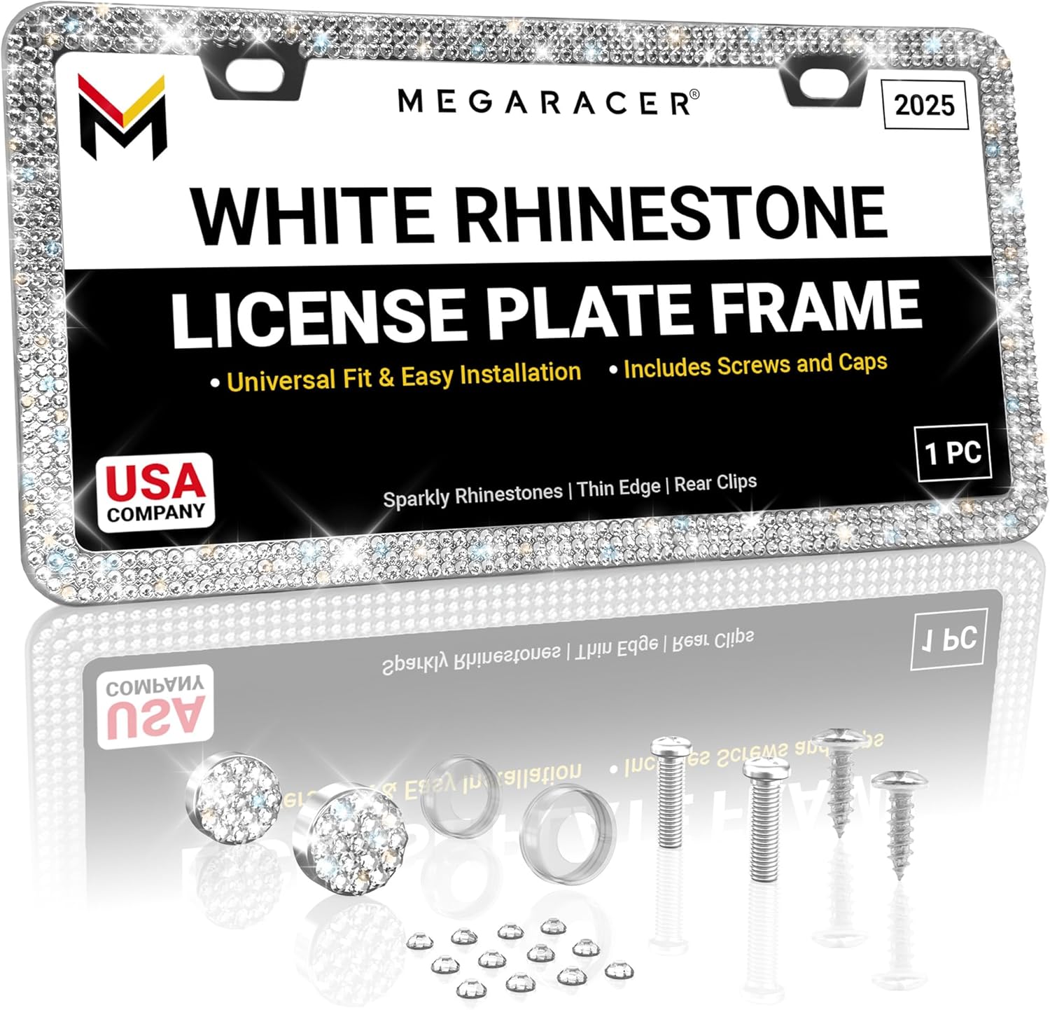 Sparkly Bling License Plate Frame for Women - 1 Pack, 800 Premium Rhinestones, Rust-Free Stainless Steel, Street Legal & Slim Design, Girly Bedazzled Diamond Car Tag Holder with Glitter Crystal Covers