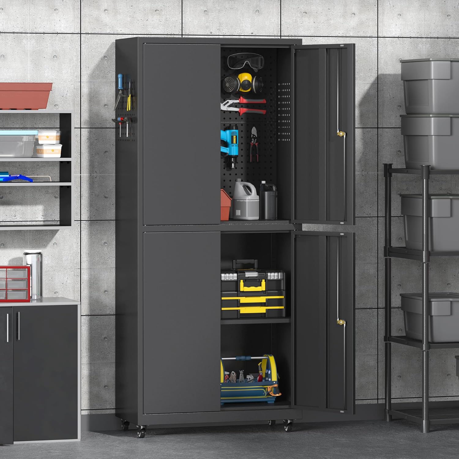 71" H Metal Tool Storage Cabinet with Lock and Wheels, Heavy Duty Garage Cabinet with 4 Doors and 2 Adjustable Shelves, Tool Organizer with Pegboard for Garage, Warehouse(Black, 71" H)