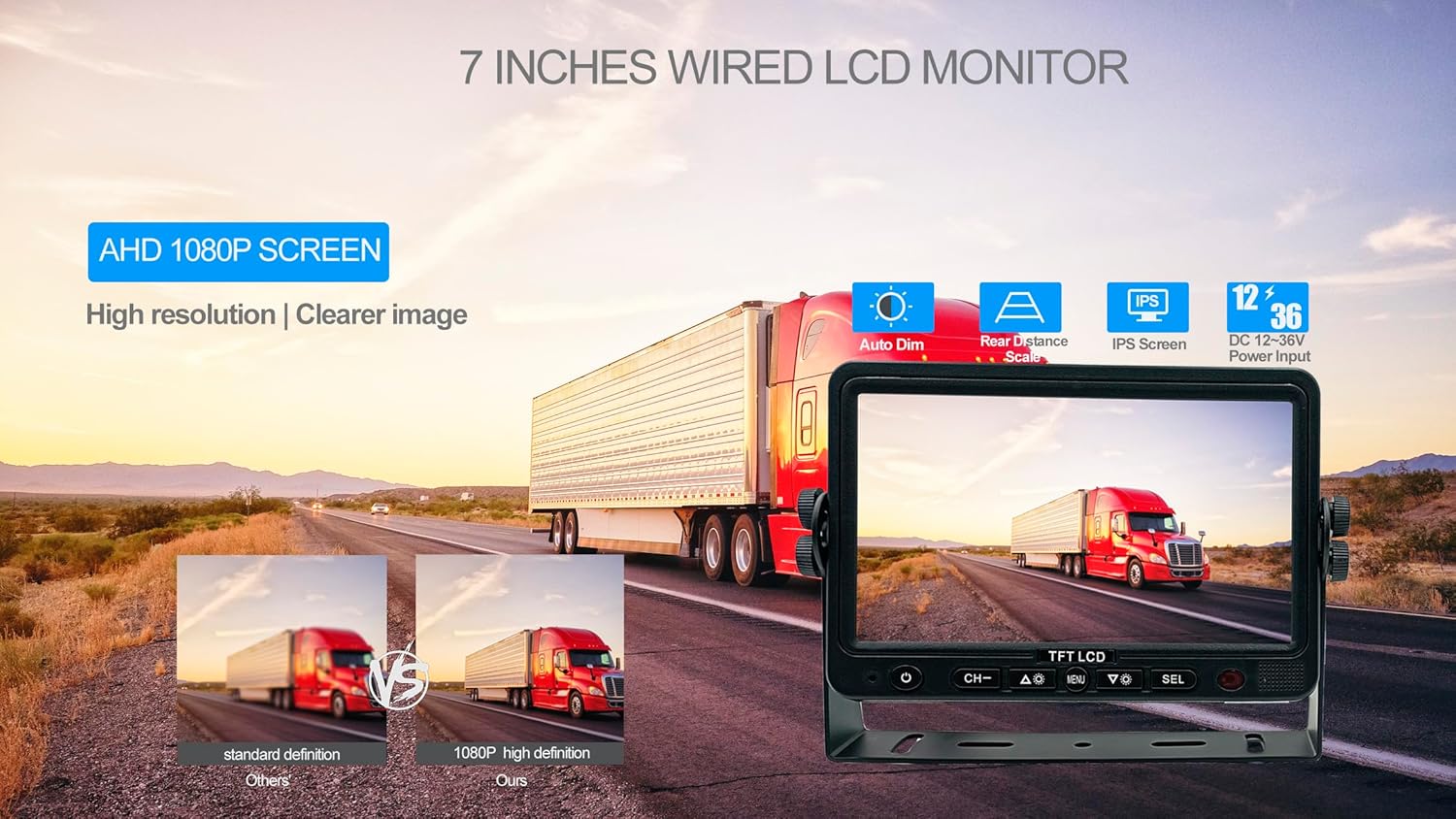 AHD 720P, Super Clear, 7" Wired Monitor Rear View Backup Camera System for Farm Tractor, Truck, RV, Forklift, Heavy Equipment, EXCAVTORS, Skid Steer
