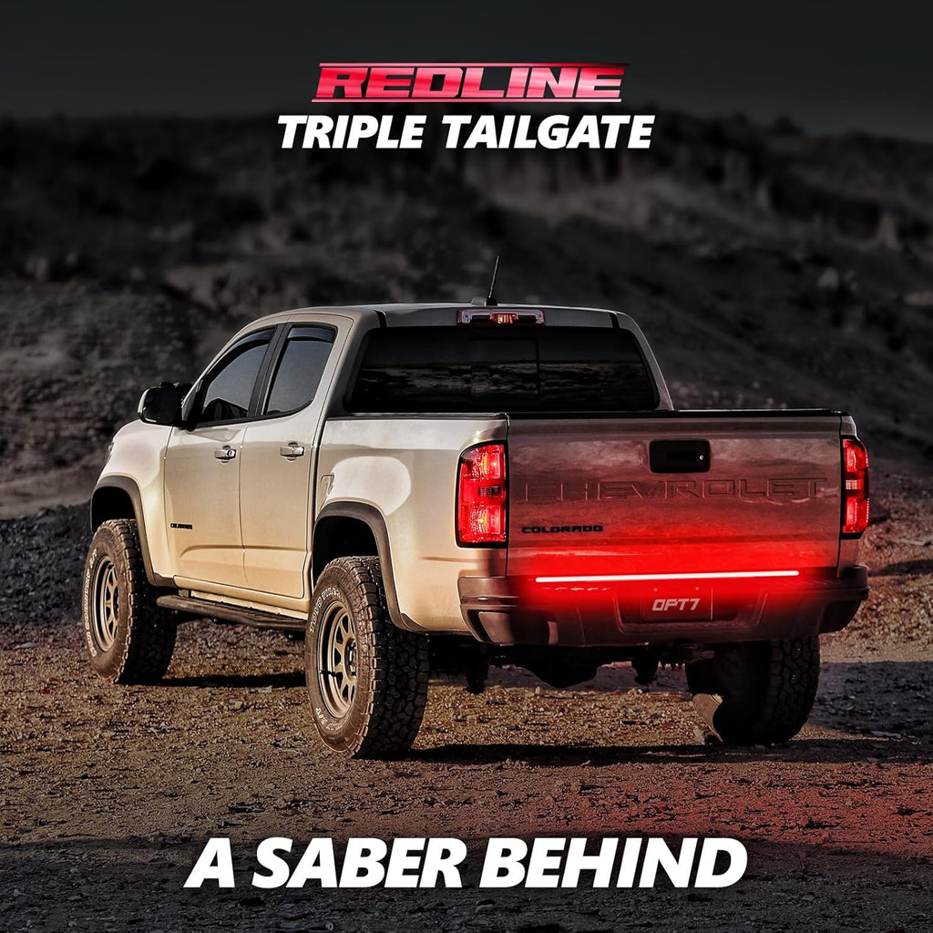 OPT7 48" Redline Triple Row LED Tailgate Light Bar w/Sequential RED Turn Signal - Weatherproof Rigid Aluminum Frame Light Strip for Colorado Canyon Frontier - Full Functions Reverse Brake Running