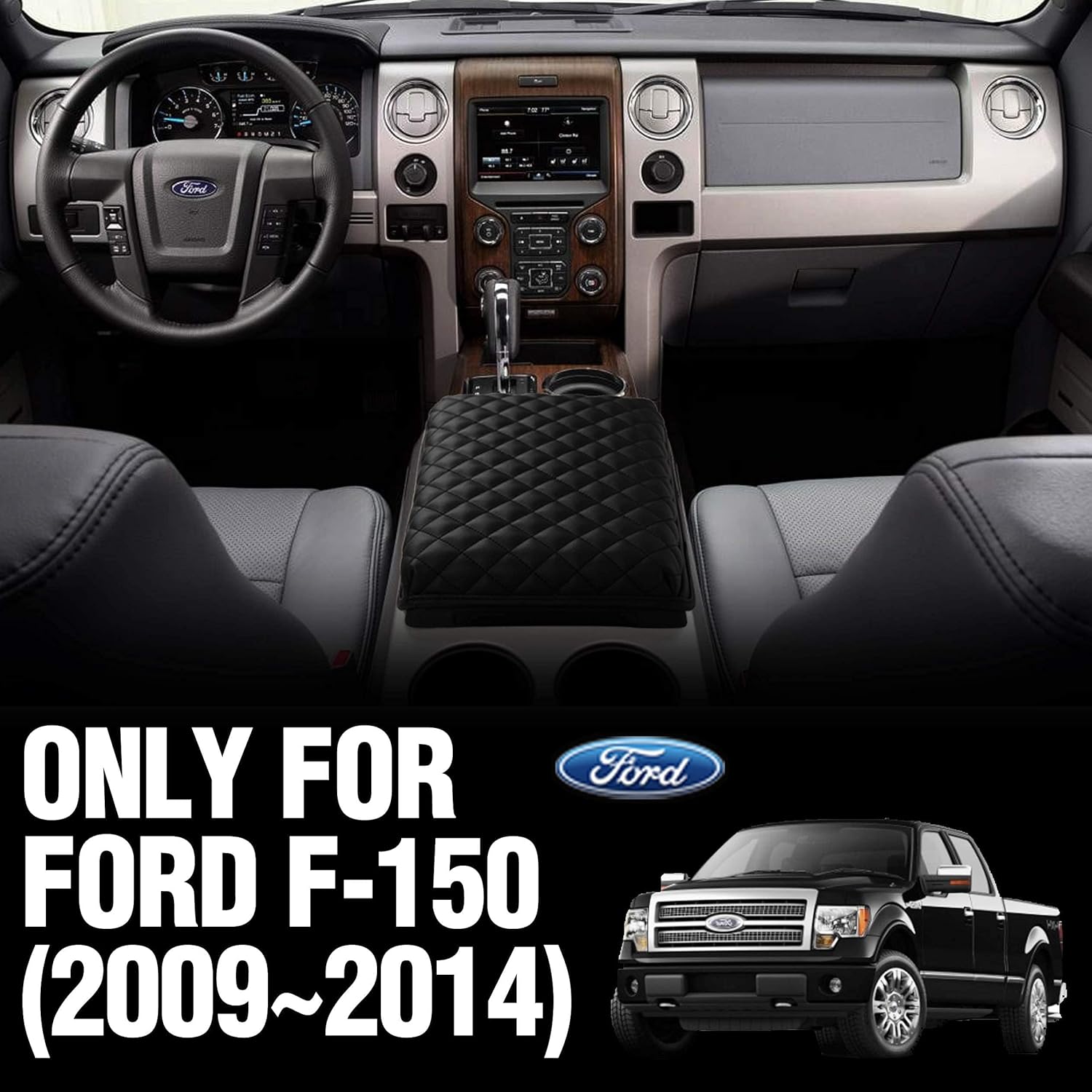 KMMOTORS F150 Center Console Cover, Armrest Cushion, Interior Accessories for F150 Car Gadget, Vegan Leather, Armrest Protector (2009~2014, Black)
