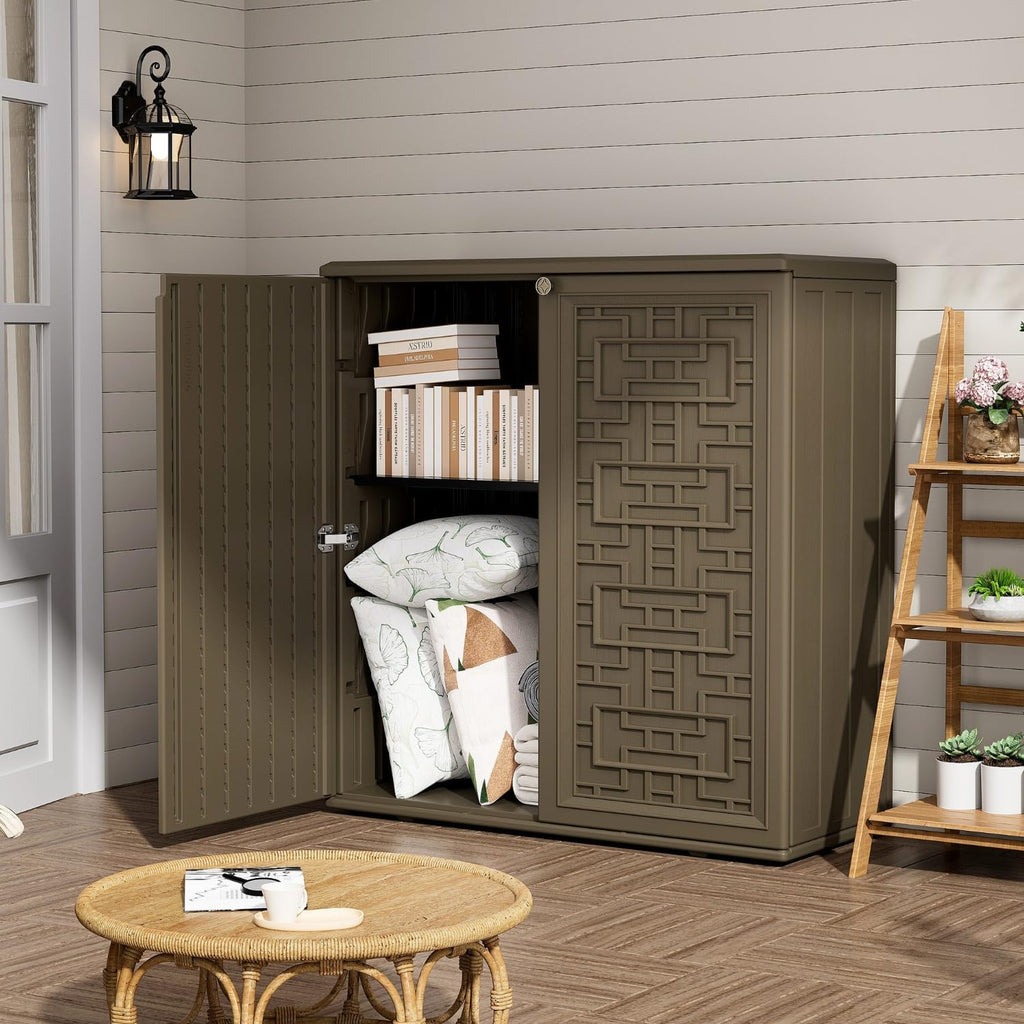 ZZM HDPE Outdoor Storage Shed, Outdoor Plastic Storage Cabinet, Horizontal Resin Tool Shed for Garden, All Weather Outdoor Storage Clearance, DIY Usage, with one Shelf (Coffee)