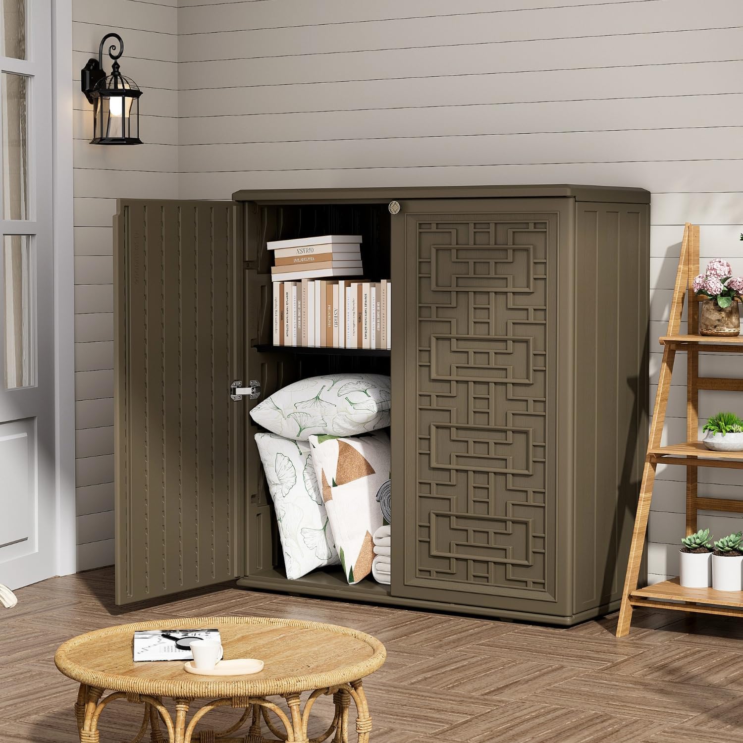 ZZM HDPE Outdoor Storage Shed, Outdoor Plastic Storage Cabinet, Horizontal Resin Tool Shed for Garden, All Weather Outdoor Storage Clearance, DIY Usage, with one Shelf (Coffee)