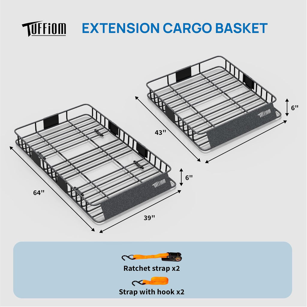 TUFFIOM 64"x 39"x 6" Universal Rooftop Cargo Carrier Basket, Extendable Steel Roof Rack Basket w/Straps with Hook, Heavy Duty Car Top Rack Luggage Holder Carrier Basket for SUV Car Truck Van